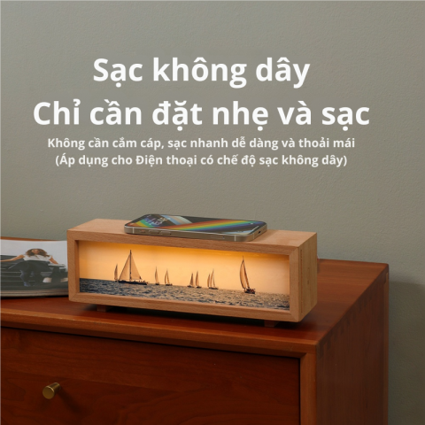 Đèn ngủ hộp gỗ kiêm sạc điện thoại không dây tranh Thuyền ra khơi