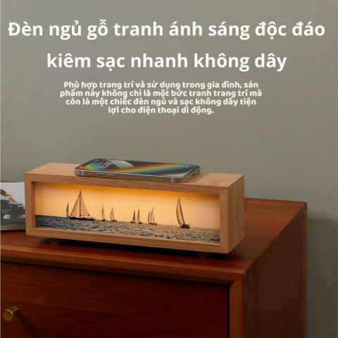 Đèn ngủ hộp gỗ kiêm sạc điện thoại không dây tranh Thuyền ra khơi