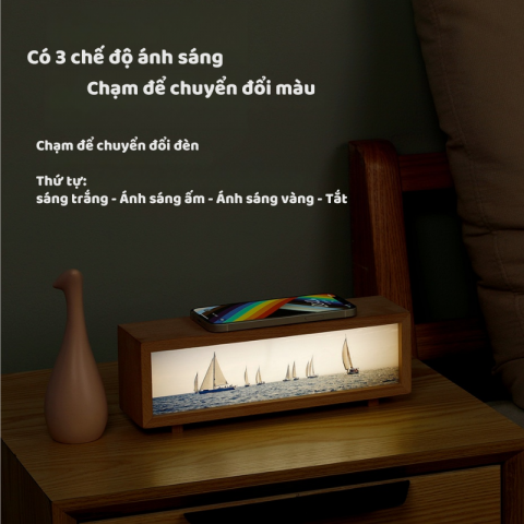 Đèn ngủ hộp gỗ kiêm sạc điện thoại không dây tranh Thuyền ra khơi
