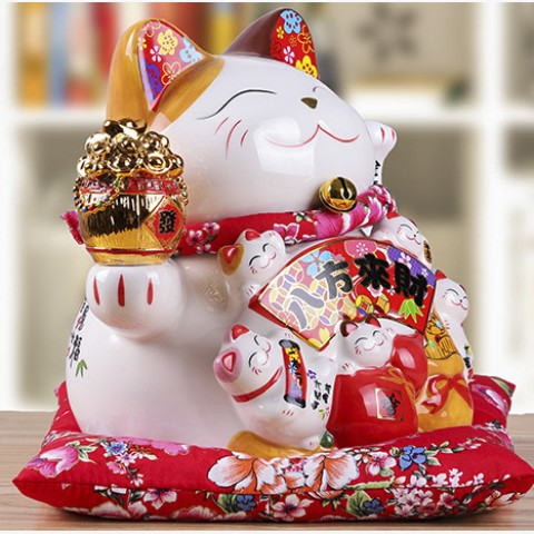 Mèo vẫy tay Làm ăn Phát Tài - cao 21cm (cầm Thùng vàng)