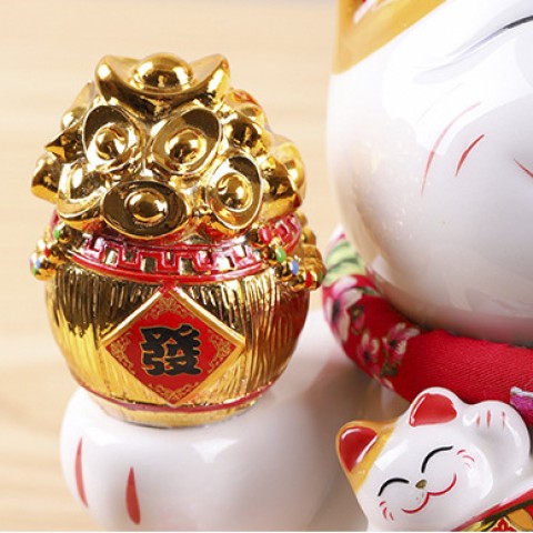 Mèo vẫy tay Làm ăn Phát Tài - cao 21cm (cầm Thùng vàng)