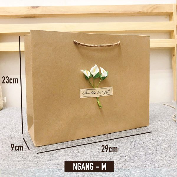 Túi đựng quà Kraft hoa Vintage T01, Túi đựng quà Tết, túi gắn hoa hương dương - Ngang M