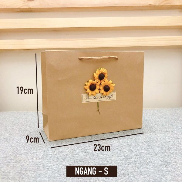 Túi đựng quà Kraft hoa Vintage T01, Túi đựng quà Tết, túi gắn hoa hương dương - Ngang S
