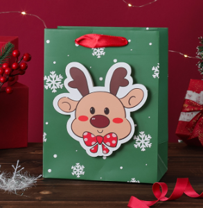 Túi đựng quà họa tiết đính nổi Giáng sinh Tu09 - Xanh lá, 23x18x10cm