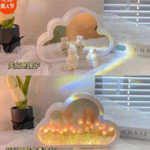 Gương để bàn kiêm đèn led vườn hoa tulip DIY hồng