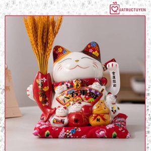 Mèo vẫy tay Làm ăn Phát Tài - cao 20cm (cầm bông lúa/ đào đông)