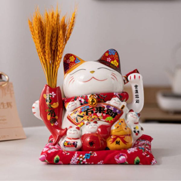Mèo vẫy tay Làm ăn Phát Tài - cao 20cm (cầm bông lúa/ đào đông) - Cầm bông lúa