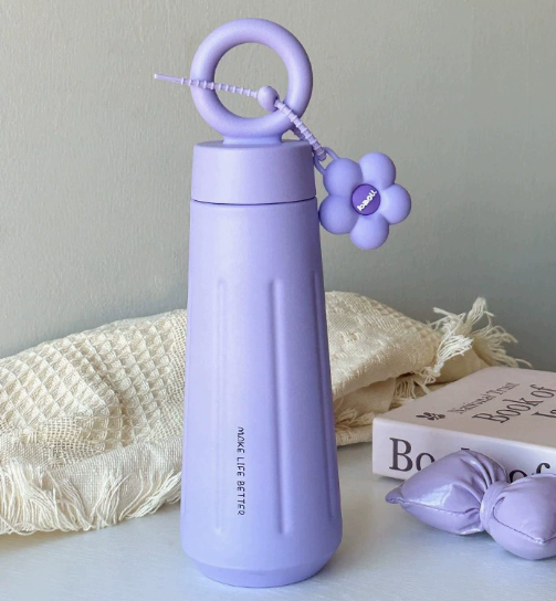 Bình giữ nhiệt tay tròn BL100 pastel kèm charm hoa cúc - Tím