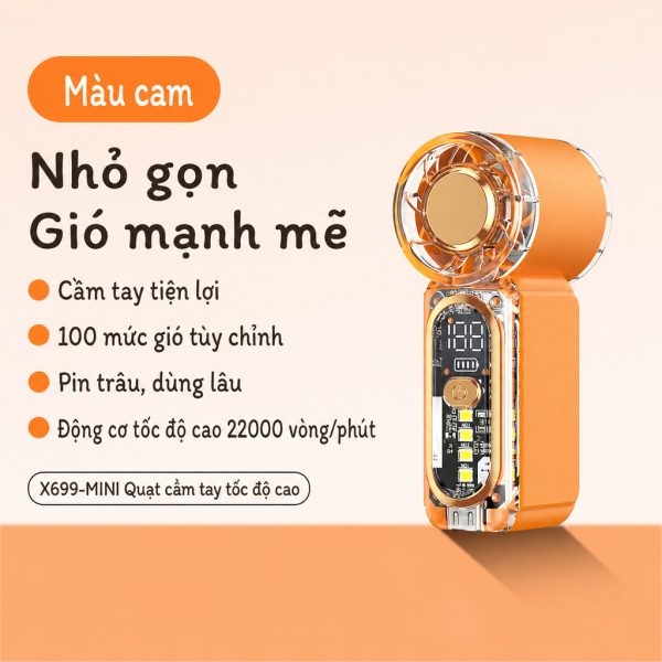 Quạt cầm tay mini siêu nhẹ 1800mAh Q02 - Cam
