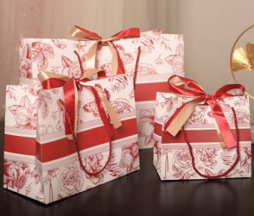 Túi quà họa tiết hoa văn đen trắng cổ điển TU33 - Sọc đỏ, S 18*16*10cm