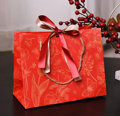 Túi quà đỏ Tết họa tiết hoa, kẻ ngang TU44 - Hoa, S 18×16×10cm