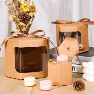 Hộp quà kraft lục giác mặt kính kèm nơ H36