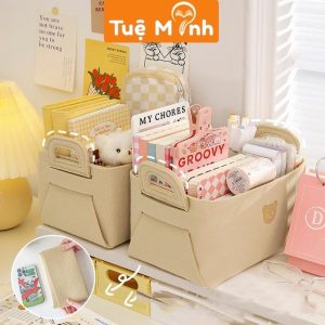 Hộp đựng đồ vải nỉ màu be phong cách vintage K110