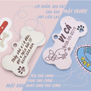 Thẻ tên thú cưng kim loại khắc tên (khúc xương, mèo)