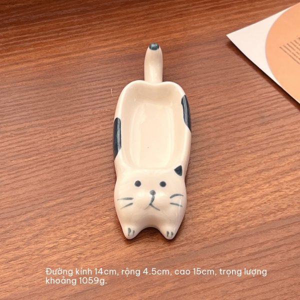 Đĩa gia vị gốm sứ hình thú cưng BL108 - Mèo Xanh Trắng Dài