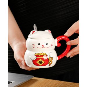 Cốc sứ mèo thần tài 400ml kèm nắp, thìa