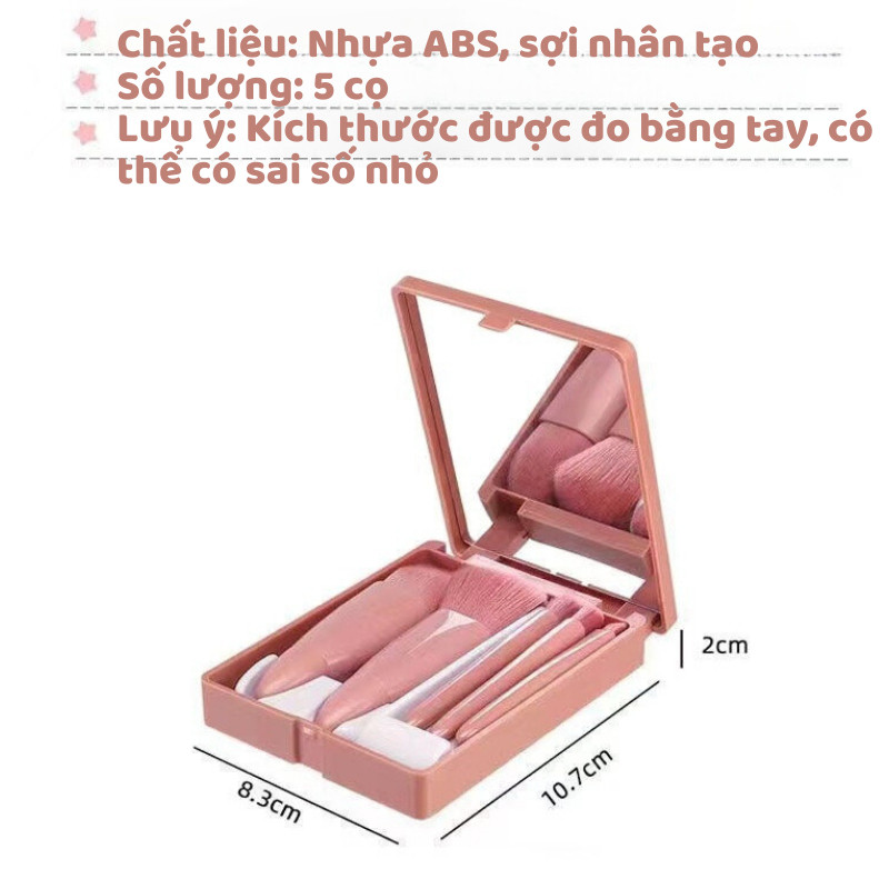 Hộp 5 cọ trang điểm kèm gương màu hồng