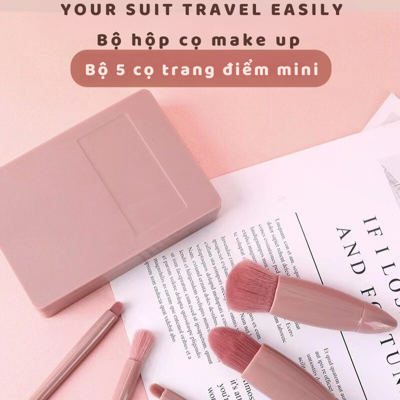Hộp 5 cọ trang điểm kèm gương màu hồng