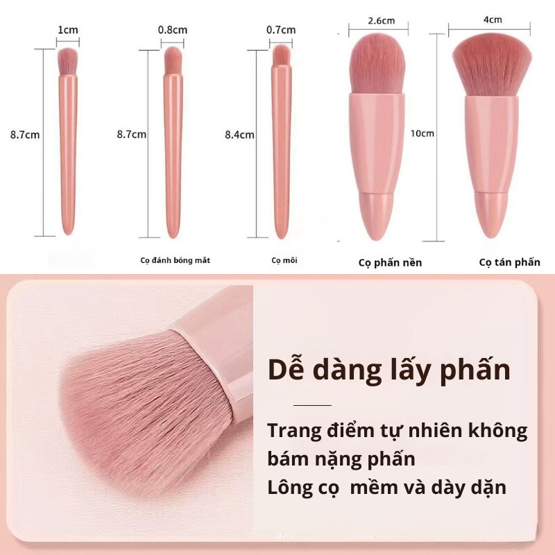 Hộp 5 cọ trang điểm kèm gương màu hồng