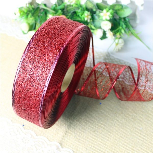 Ruy băng lưới kim tuyến RB08 (bán theo mét) - Đỏ