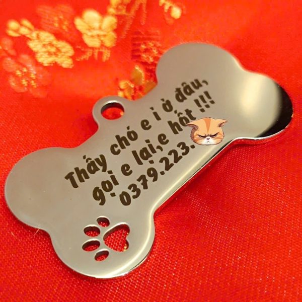Thẻ tên thú cưng kim loại khắc tên (khúc xương, mèo)