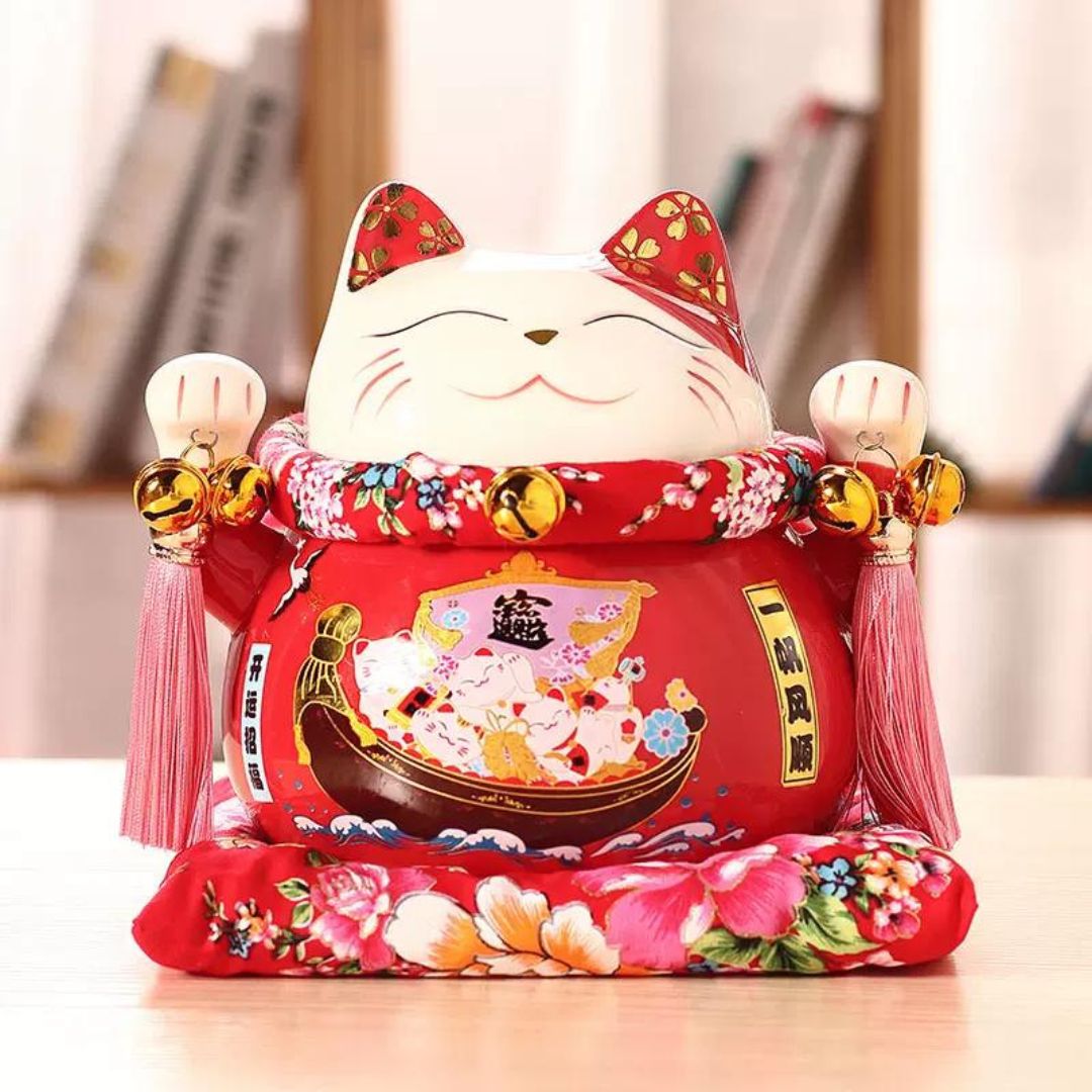 Mèo thần tài đỏ giơ 2 tay-Đa Phú Quý-21cm