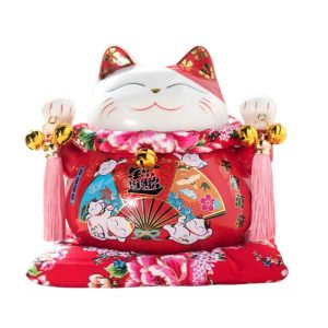 Mèo thần tài đỏ giơ 2 tay Mãn Niên Sung Túc 21cm