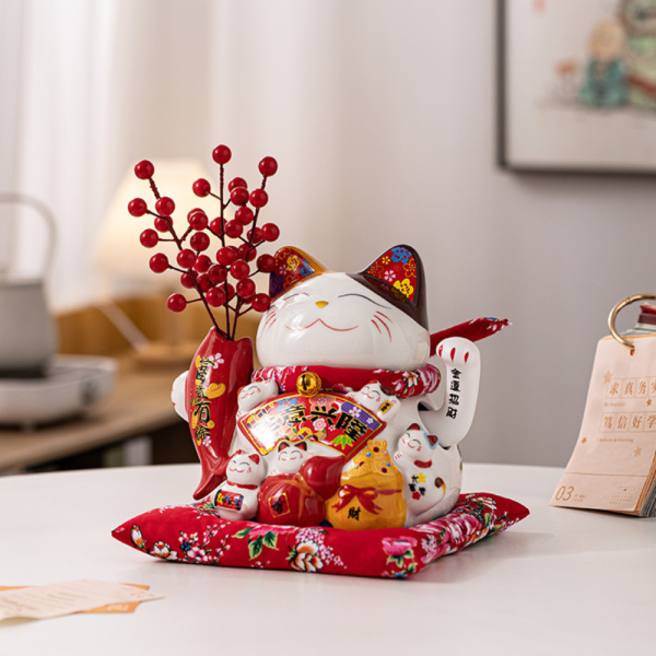 Mèo vẫy tay Làm ăn Phát Tài - cao 20cm (cầm bông lúa/ đào đông)