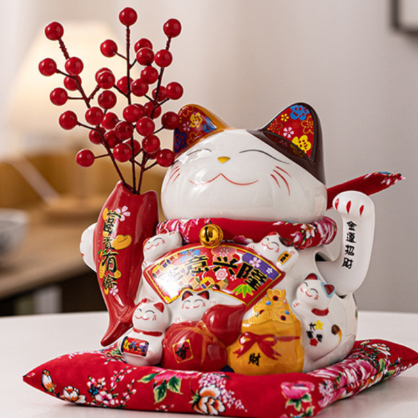 Mèo vẫy tay Làm ăn Phát Tài - cao 20cm (cầm bông lúa/ đào đông)