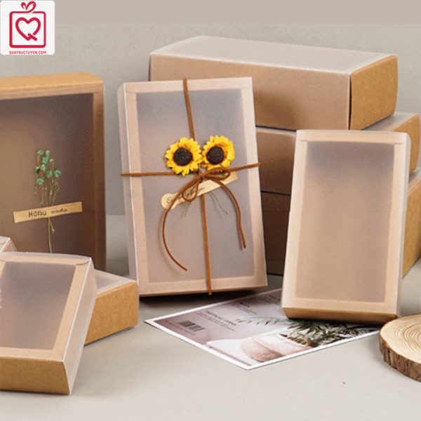 Hộp quà tặng vintage tự gấp màu nâu kraft nắp mờ dạng kéo H12