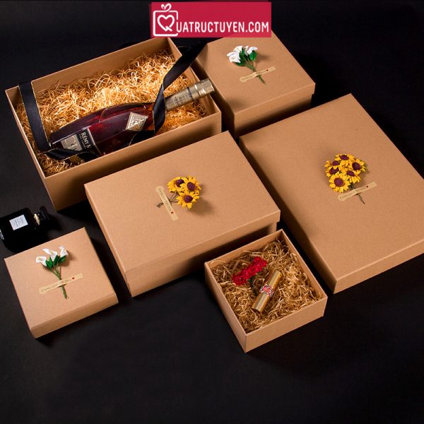 Hộp quà tặng kraft form cứng cáp H22 gắn hoa hướng dương - Cỡ nhỏ