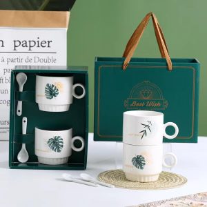 Bộ đôi cốc sứ lá cây Tropical kèm hộp quà tặng