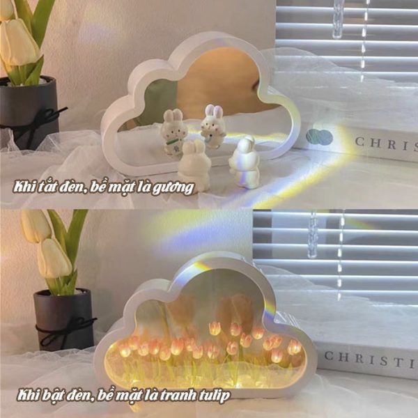 Gương để bàn kiêm đèn led vườn hoa tulip DIY ( Mẫu đã được gắn sẵn hoa bên trong)