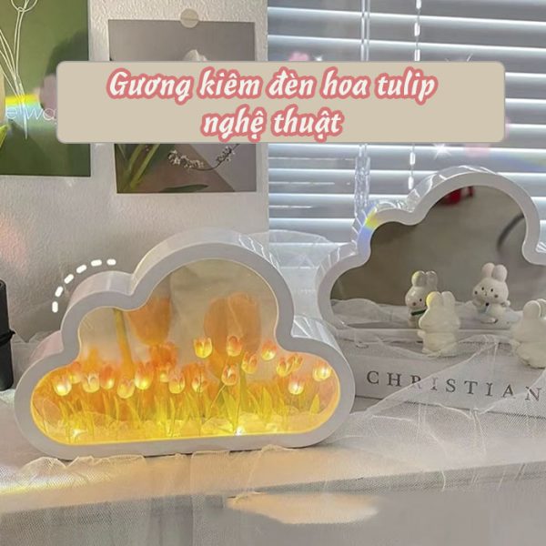 Gương để bàn kiêm đèn led vườn hoa tulip DIY ( Mẫu đã được gắn sẵn hoa bên trong)