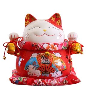 Mèo thần tài đỏ giơ 2 tay Mãn Niên Sung Túc 25cm