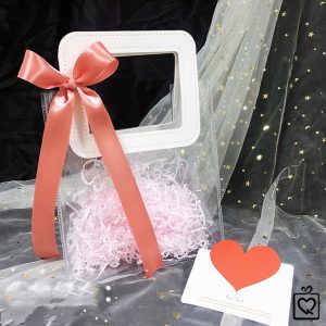 Túi đựng quà trong suốt quai da kèm nơ, giấy rơm