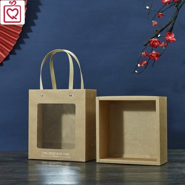 Hộp đựng quà tặng H27 ô cửa nhựa mica có quai xách, hộp quà mặt kính kèm rơm giấy 18x18cm